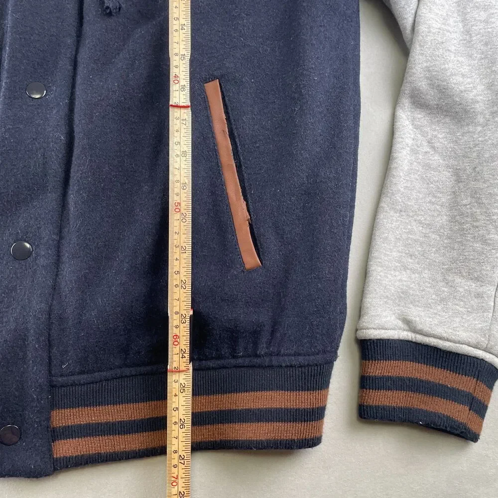 Champion Jacket Men M Navy Gray Hooded Varsity Letterman College Wool Blend Snap